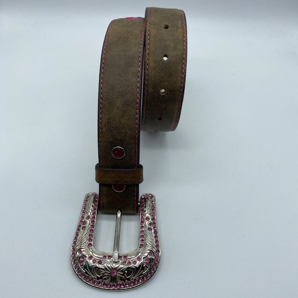 Blazin Roxx Brown Floral Pink Bling Faux Leather Belt Girls Size Small